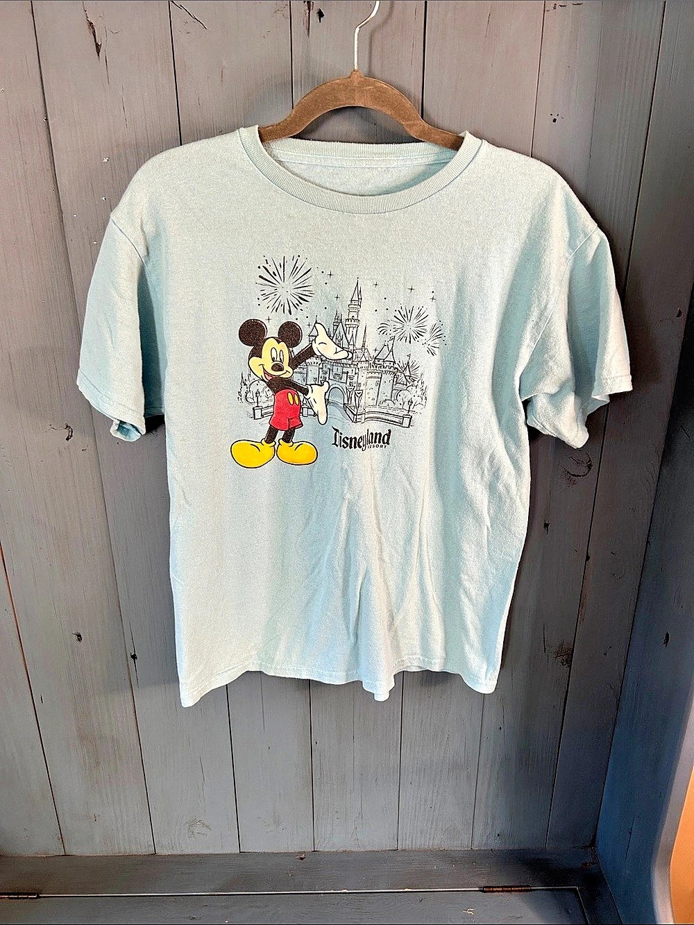 Disneyland Mickey Mouse Castle Fireworks Graphic T-Shirt Tee Blue | Boys XL